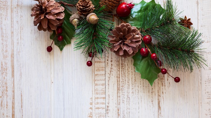 Christmas decoration with pine cones and berries on wood