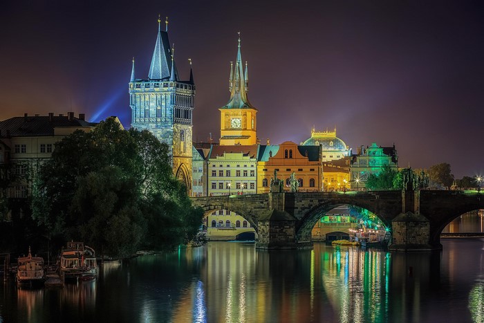 Charles Bridge at night in Prague, Czech Republic