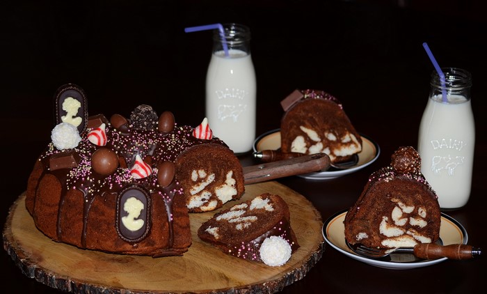 Chocolate cake with milk bottles