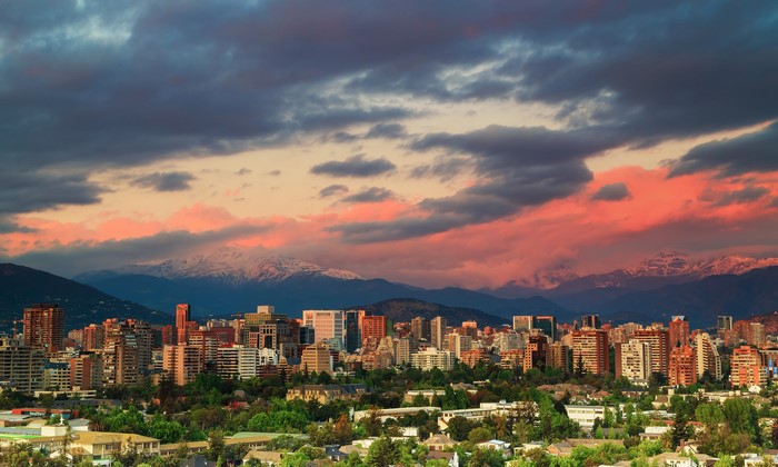 Santiago, Chile Skyline with Andes Mountains at Sunset