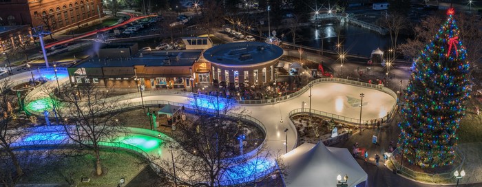 Christmas Tree and Ice Rink in Spokane at Night