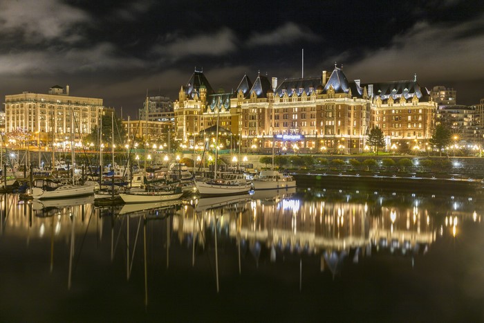 Fairmont Empress Hotel and Inner Harbour at Night, Victoria, Canada
