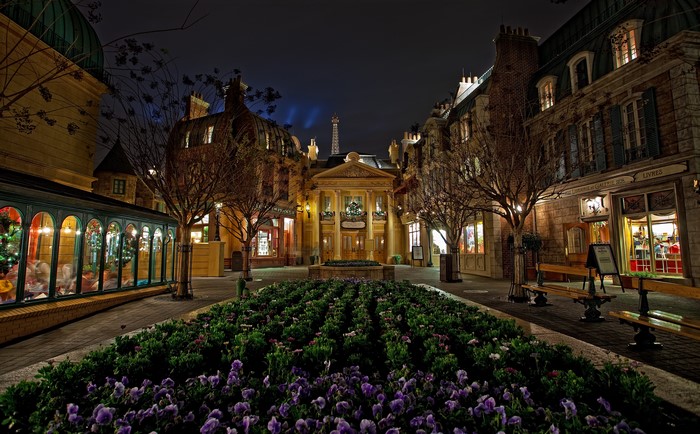 Night street scene in Disneyland, California