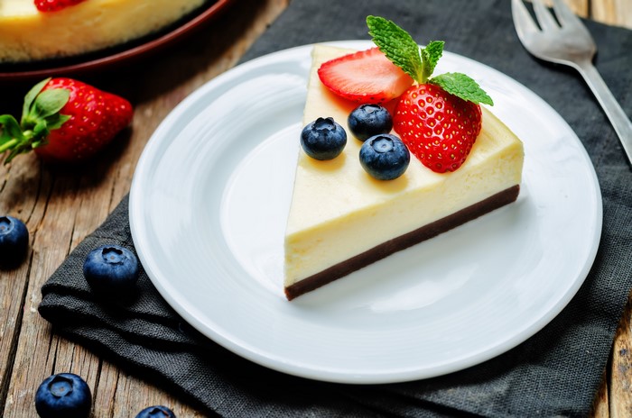 Cheesecake slice with blueberries and strawberry