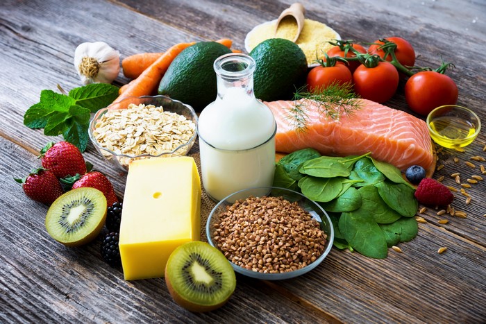 Still life of healthy foods on wood planks