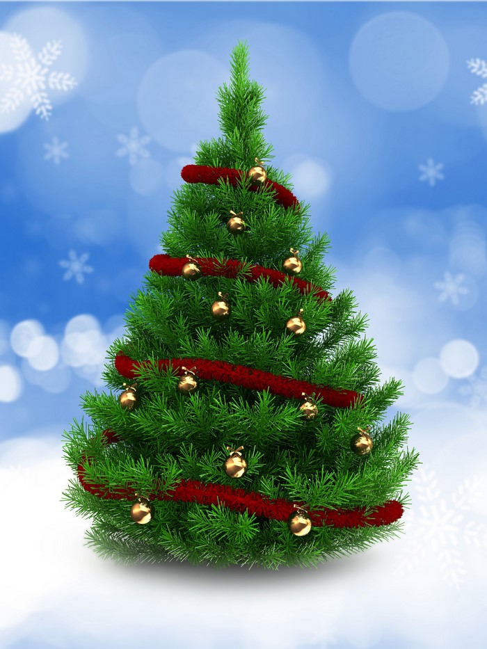 Christmas tree with red garland and gold balls