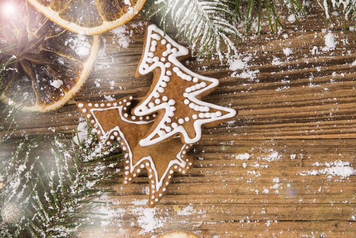 Christmas gingerbread cookies with spruce and dried oranges
