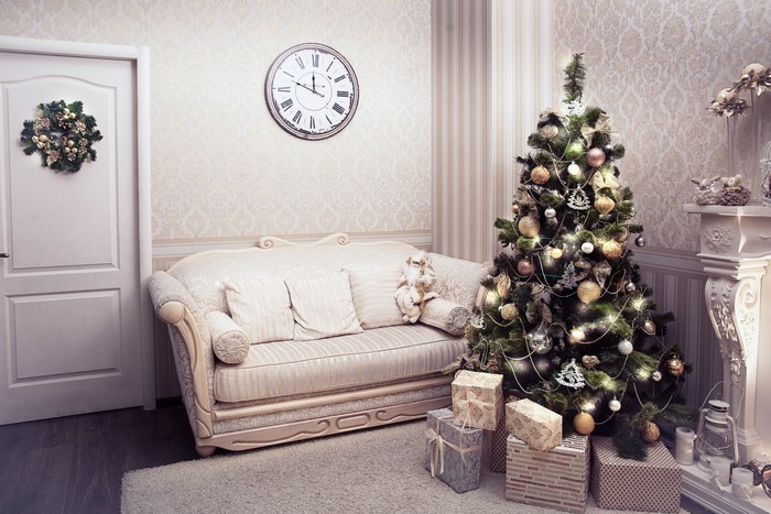 Christmas Interior with Sofa, Tree, and Gifts