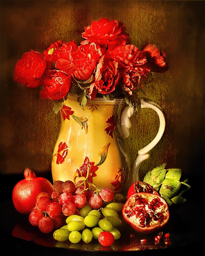 Still-life with Roses, Pomegranate, Grapes, and Vase