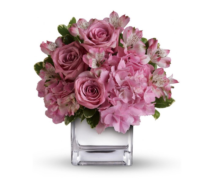 Pink Roses, Hydrangea, and Alstroemeria Bouquet in Glass Vase