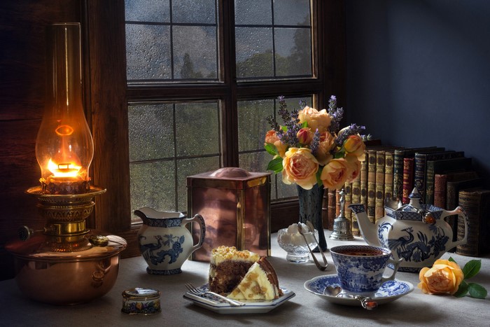 Still-life with Kerosene lamp, cakes, and roses