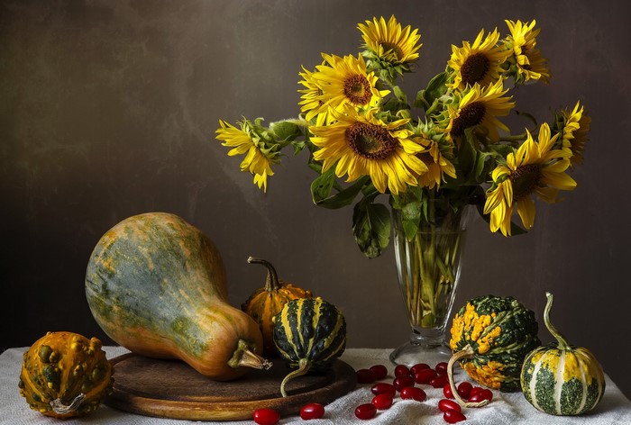 Still-life with Sunflowers, Pumpkins, and Berries