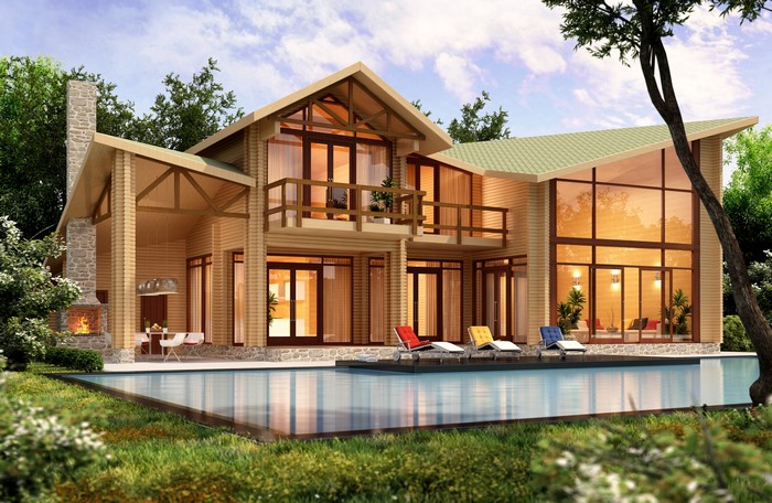 Modern wooden house with swimming pool and fireplace