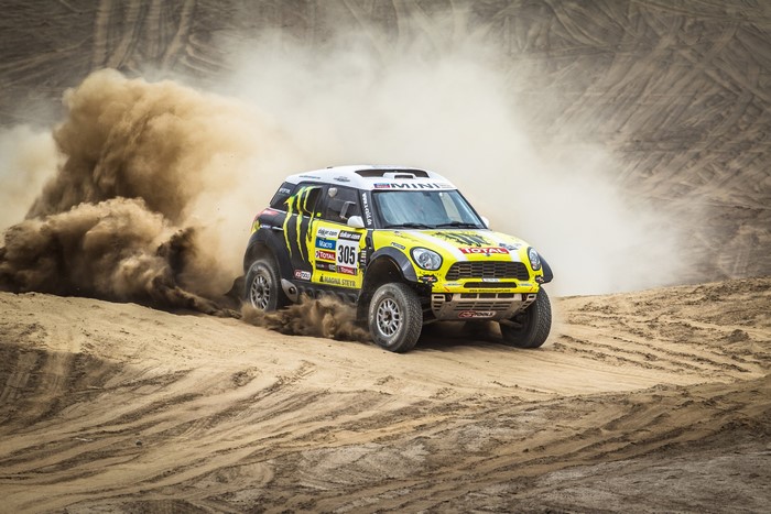 Mini All4 Racing car kicking up dust