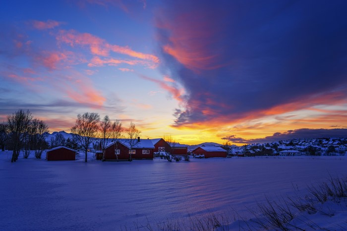4K Norway Winter Houses at Sunset