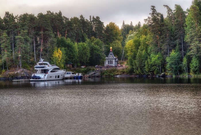 Yacht and Church on Ladoga Lake, Valaam Island, Russia