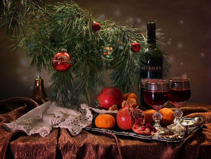 Christmas still life with wine and fruit
