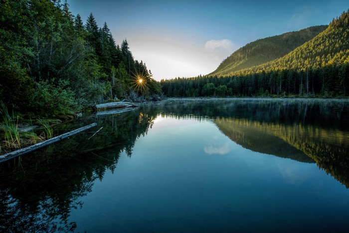 Sunrise over a misty lake in a Canadian forest