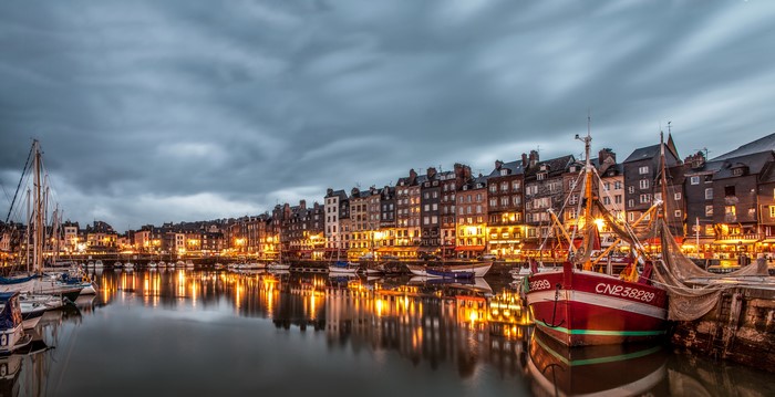Honfleur France Harbor with Boats and Buildings at Dusk