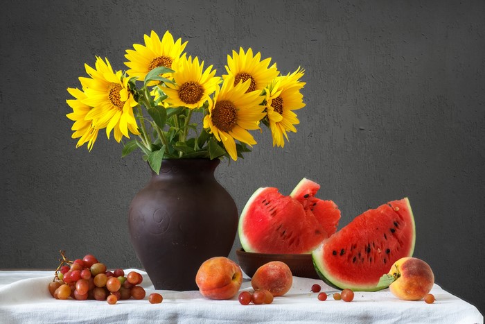 Still-life with Sunflowers, Watermelons, Grapes, and Peaches