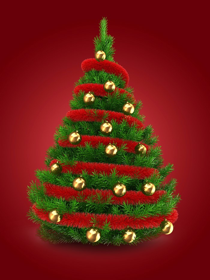 Decorated Christmas tree with gold balls and red garland
