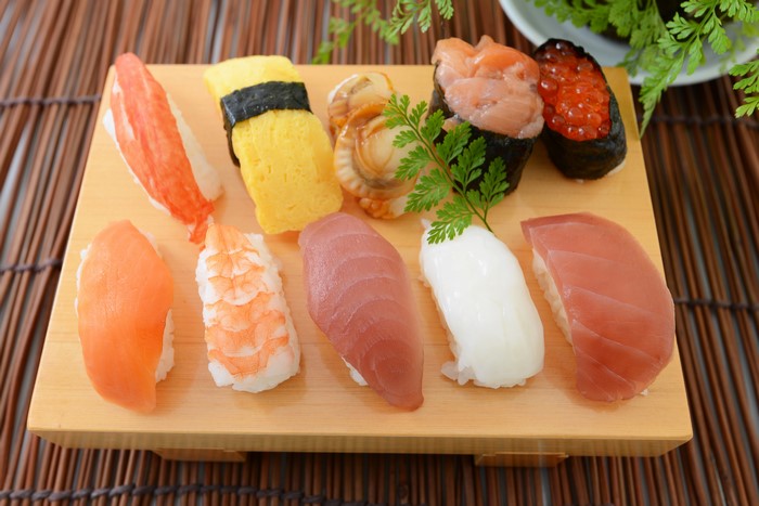 Assortment of Sushi on a Wooden Platter