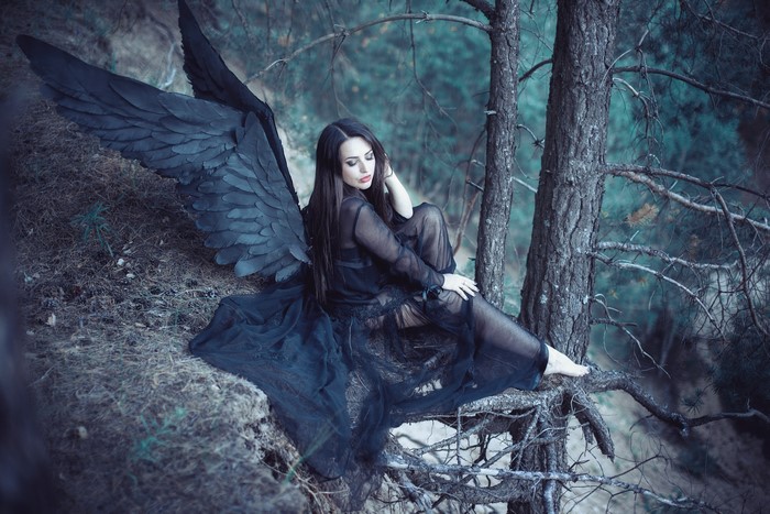 Woman with black wings sitting on a tree branch