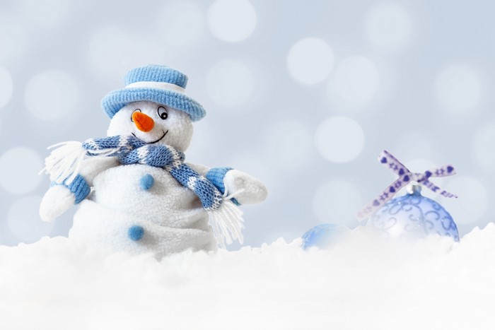 Snowman with blue hat and scarf in snow