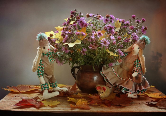 Still-life with Asters, Autumn foliage, and dolls