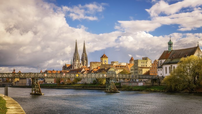 Regensburg cityscape with river and bridge