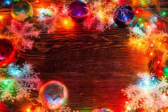 Christmas Ornaments and Lights on Wood