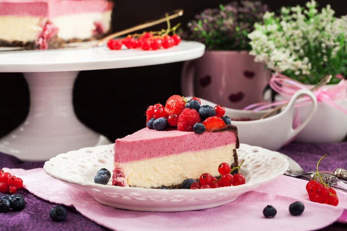 Cheesecake slice with berries on a plate