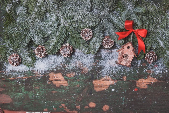 Christmas fir branches with pine cones and wooden house ornament