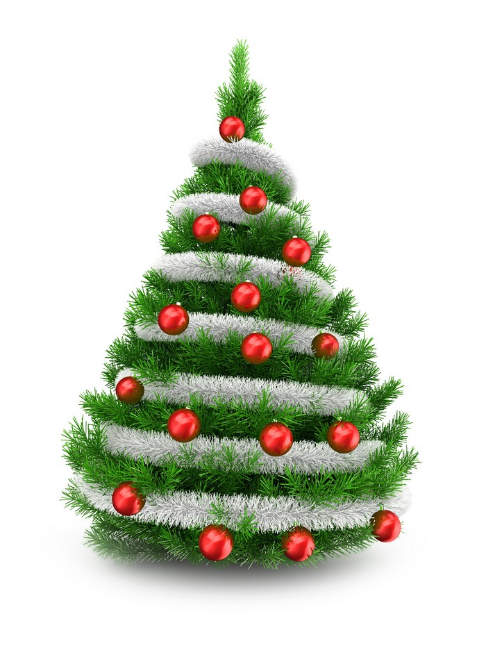 Decorated Christmas tree with red ornaments and tinsel