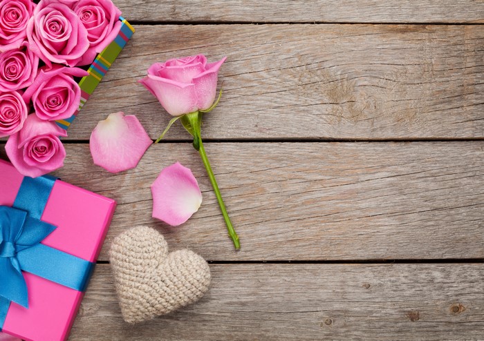 Pink Roses, Gift Box, and Heart on Wood