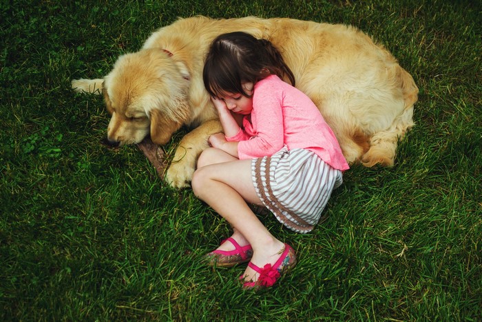 Little girl and dog sleeping on grass