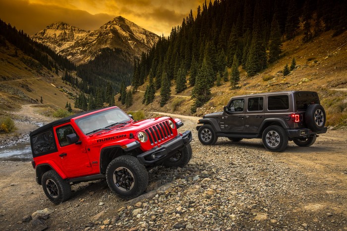 Two Jeep Wranglers on a mountain road
