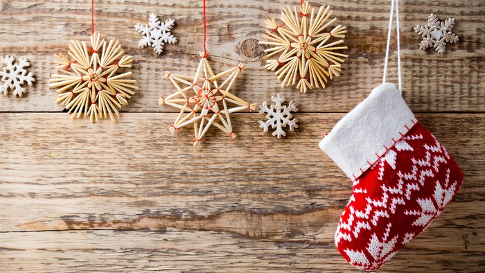 Christmas decorations on wooden planks
