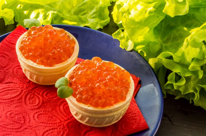 Red Caviar in Pastry Cups with Lettuce