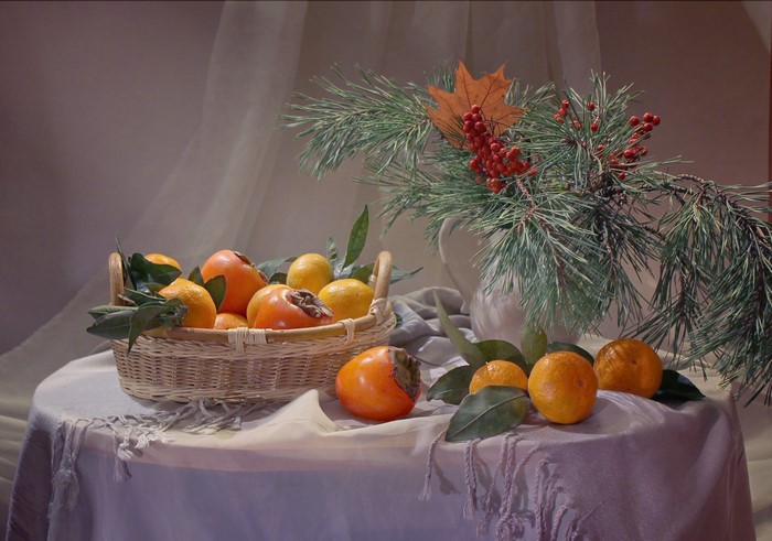 Still-life with persimmons, mandarins, and pine branches
