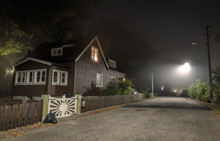 Sweden Stockholm House at Night with Street Lights