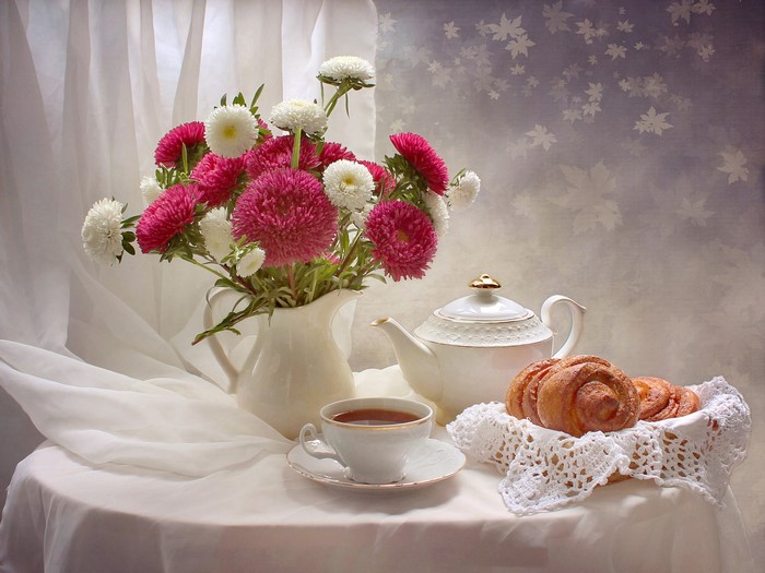 Still-life with asters, tea, kettle, and pastries