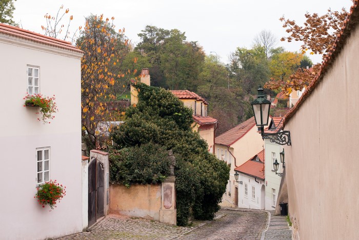 Prague street with houses and street lights