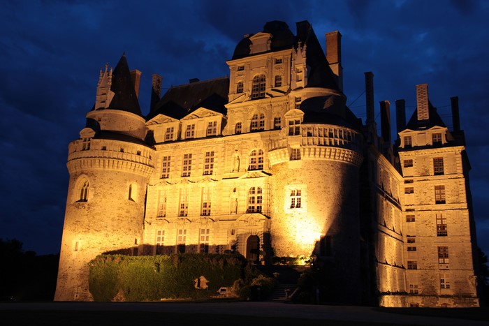 Chateau de Brissac castle at night in France
