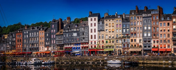 Honfleur, France harbor with colorful buildings and boats