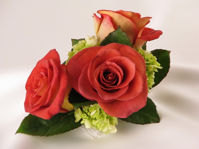 Corsage with three roses and green flowers