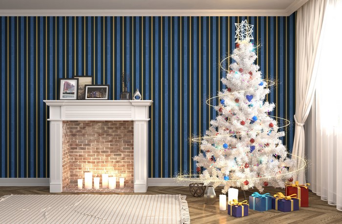 Christmas interior with fireplace and tree