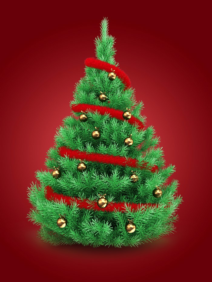 Christmas tree with red tinsel and gold ornaments