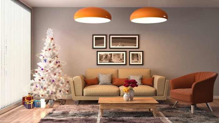 Living room interior with Christmas tree and gifts