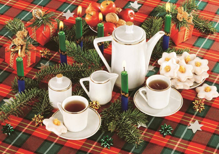 Christmas Table Setting with Tea, Cookies, and Candles